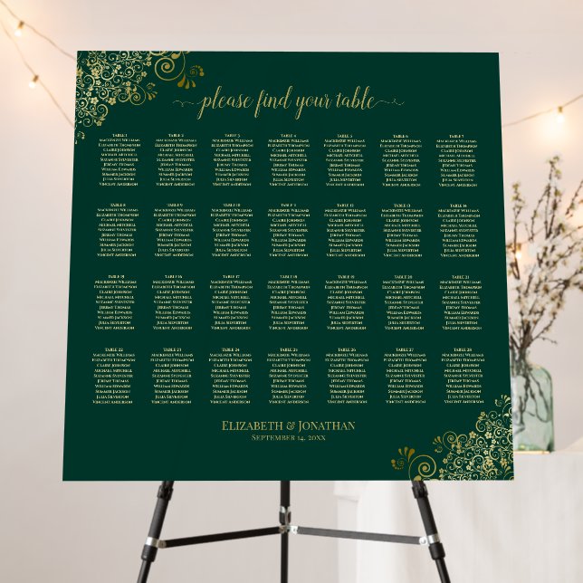 28 Table Chic Wedding Seating Chart Emerald & Gold Foam Board (In Situ (Stand))