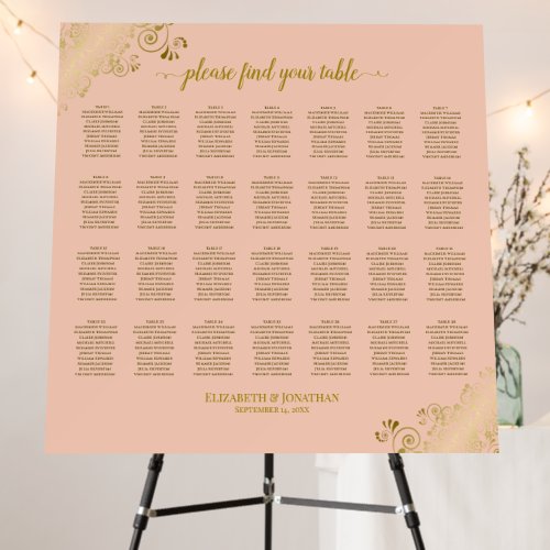 28 Table Coral Peach & Gold Wedding Seating Chart Foam Board