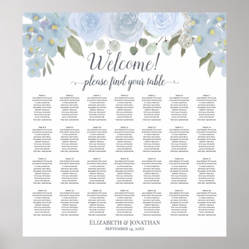 28 Table Dusty Blue Floral Boho Chic Seating Chart