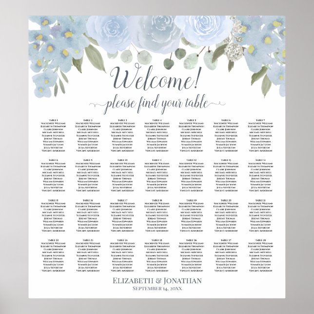 28 Table Dusty Blue Floral Boho Chic Seating Chart (Front)