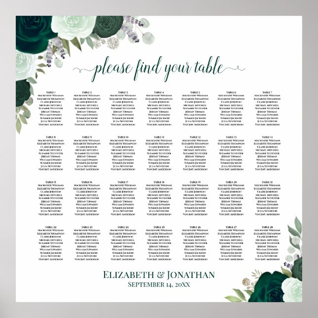 28 Table Emerald Boho Floral Wedding Seating Chart (Front)