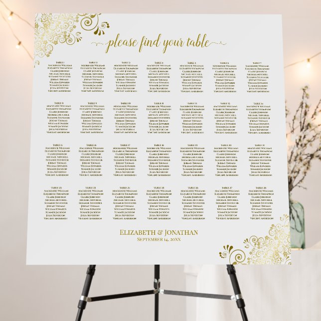 28 Table Frilly Gold & White Wedding Seating Chart Foam Board (In Situ (Stand))