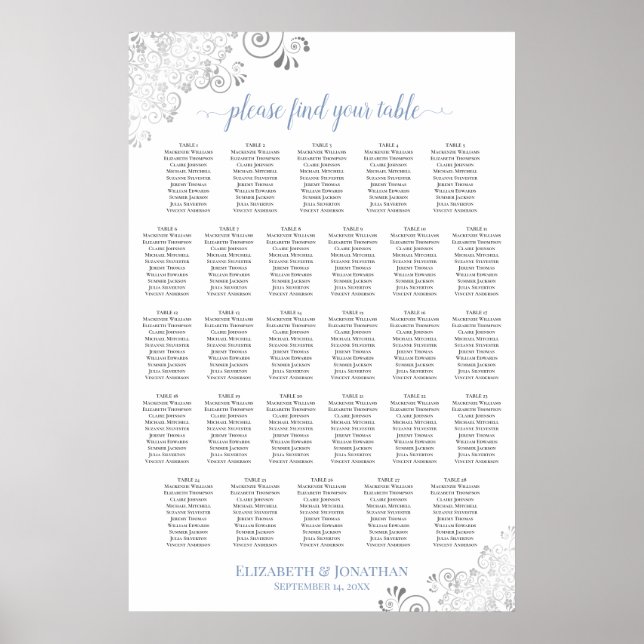 28 Table Frilly Wedding Seating Chart White Blue (Front)