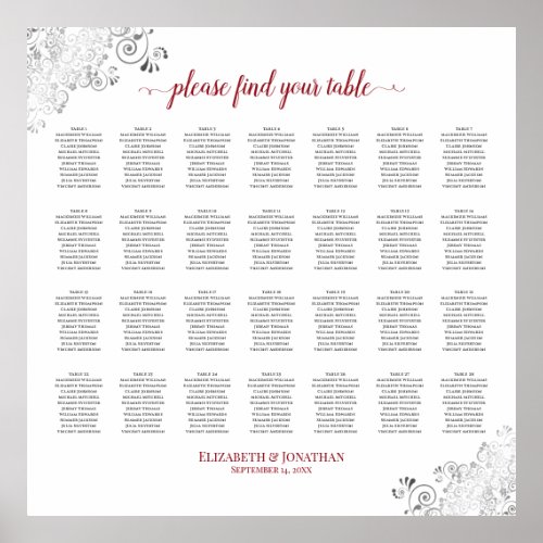 28 Table Frilly Wedding Seating Chart White Red