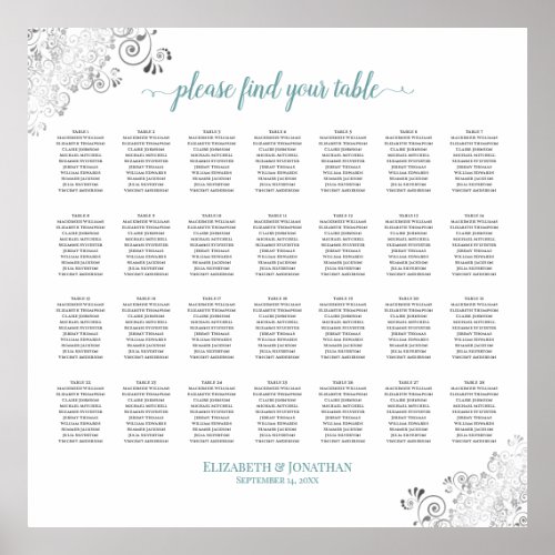 28 Table Frilly Wedding Seating Chart White Teal