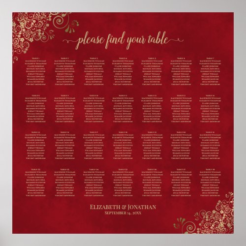 28 Table Gold Frills on Red Wedding Seating Chart