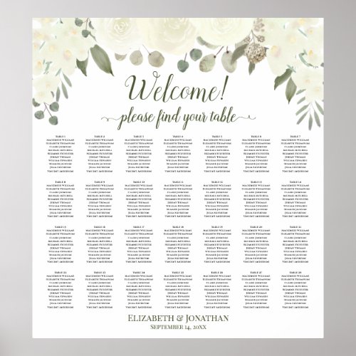 28 Table Ivory White Roses Wedding Seating Chart