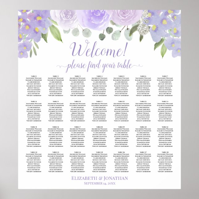 28 Table Lavender Floral Wedding Seating Chart (Front)