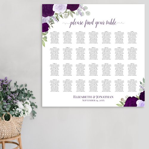 28 Table Purple Boho Floral Wedding Seating Chart