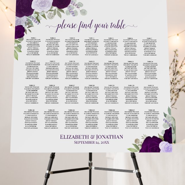 28 Table Purple Roses Rustic Wedding Seating Chart Foam Board (In Situ (Stand))