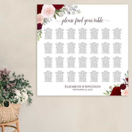 28 Table Red  Pink Roses Wedding Seating Chart