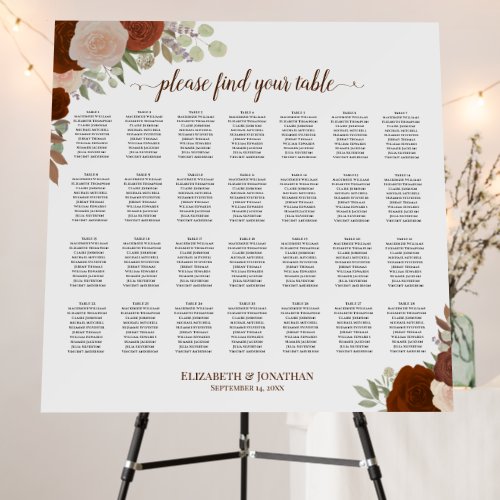 28 Table Rust Orange Floral Wedding Seating Chart Foam Board