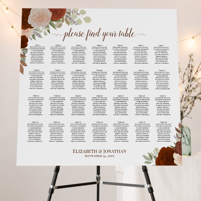 28 Table Rust Orange Floral Wedding Seating Chart Foam Board (In Situ (Stand))
