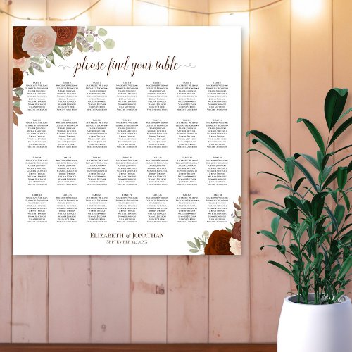 28 Table Rustic Fall Roses Wedding Seating Chart