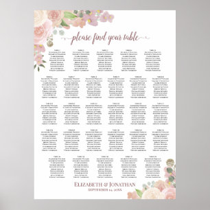 28 Table Rustic Pink Floral Wedding Seating Chart