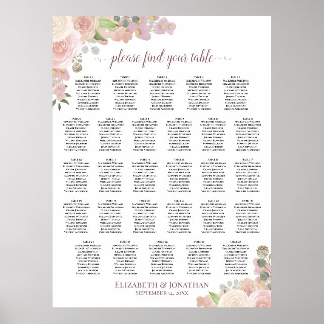 28 Table Rustic Pink Floral Wedding Seating Chart (Front)