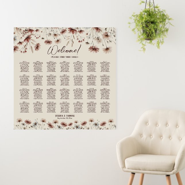 28 Table Rustic Wildflowers Wedding Seating Chart Foam Board (In Situ (Wall))