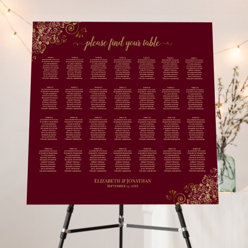 28 Table Seating Chart Maroon Burgundy  Gold Lace Foam Board