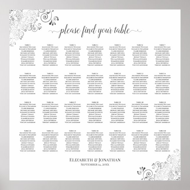 28 Table Silver Frills Wedding Seating Chart White (Front)