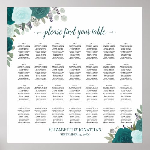 28 Table Teal Boho Floral Wedding Seating Chart