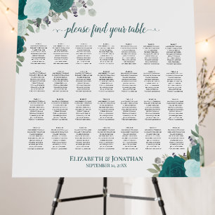 28 Table Teal Roses Elegant Wedding Seating Chart Foam Board