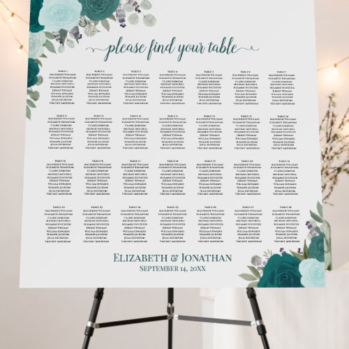 28 Table Teal Roses Elegant Wedding Seating Chart Foam Board