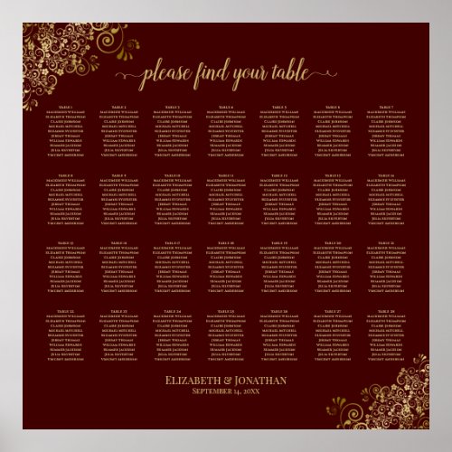 28 Table Wedding Seating Chart Auburn  Lacy Gold