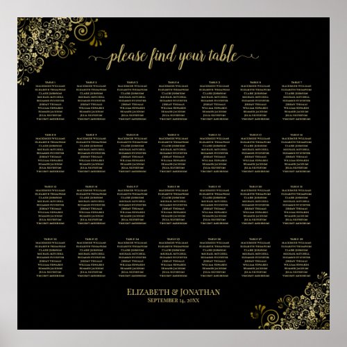 28 Table Wedding Seating Chart Black  Gold Frills