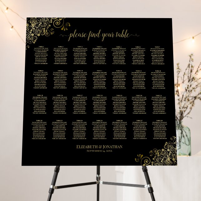 28 Table Wedding Seating Chart Black & Gold Lace Foam Board (In Situ (Stand))
