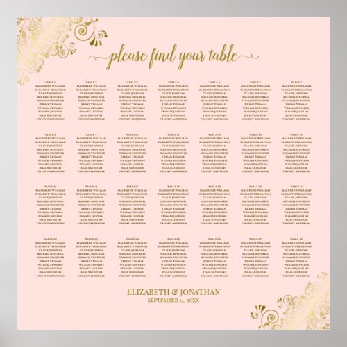 28 Table Wedding Seating Chart Blush Pink  Gold