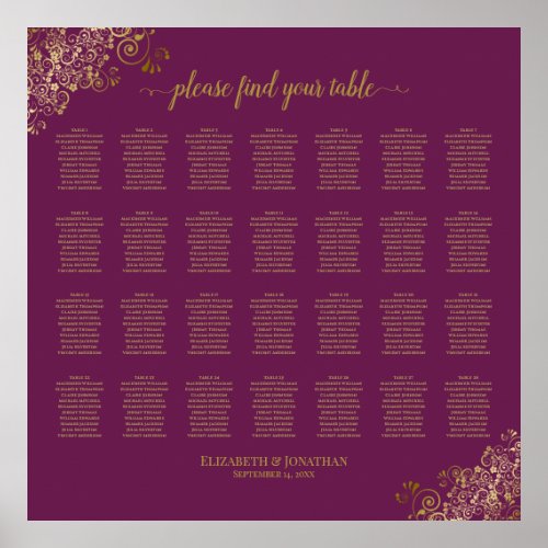28 Table Wedding Seating Chart Cassis Purple Gold