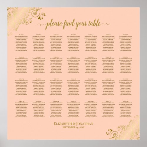 28 Table Wedding Seating Chart Coral Peach  Gold