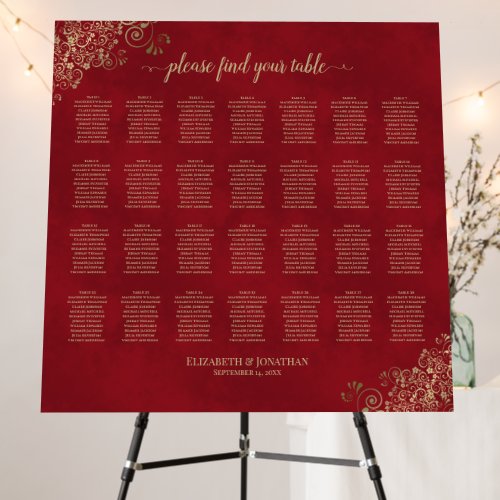 28 Table Wedding Seating Chart Crimson Red  Gold Foam Board