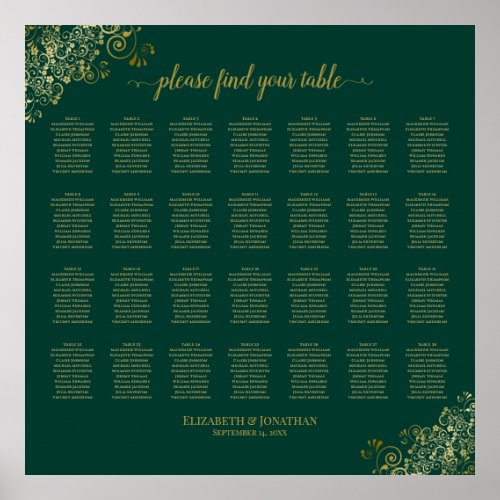 28 Table Wedding Seating Chart Emerald Green Gold