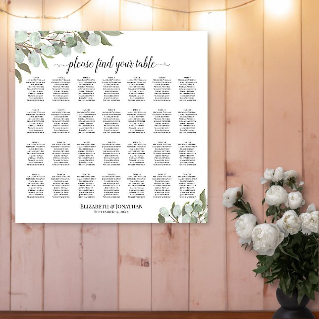 28 Table Wedding Seating Chart Eucalyptus Greenery (In Situ on Wall with Lights & Vase)