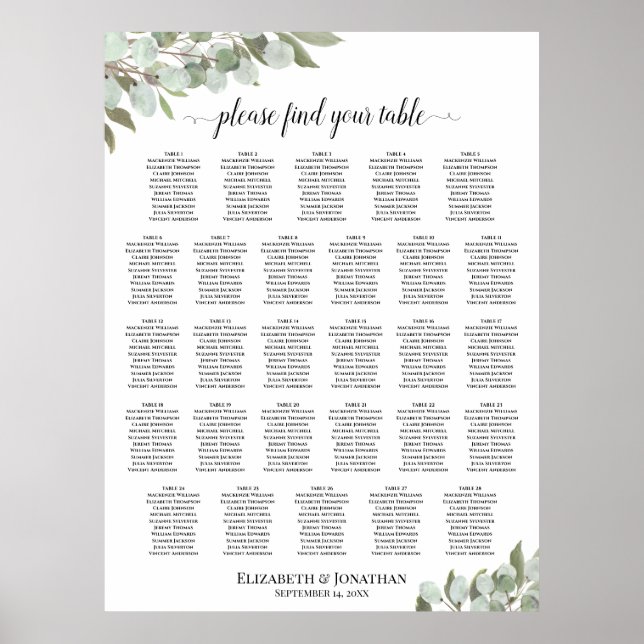 28 Table Wedding Seating Chart Eucalyptus Greenery (Front)