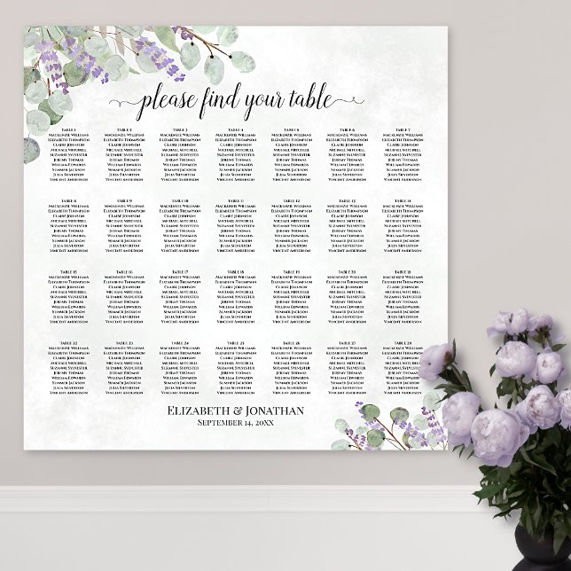 28 Table Wedding Seating Chart Eucalyptus Lavender (In Situ on Wall with Flowers)