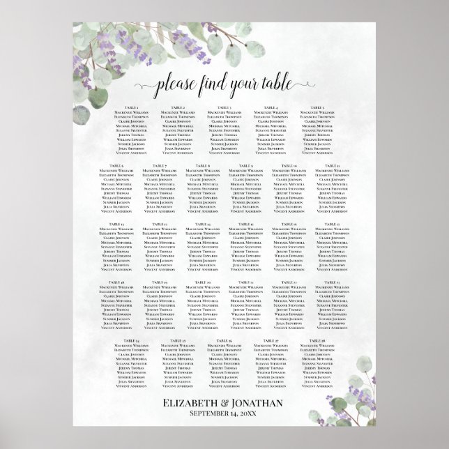 28 Table Wedding Seating Chart Eucalyptus Lavender (Front)