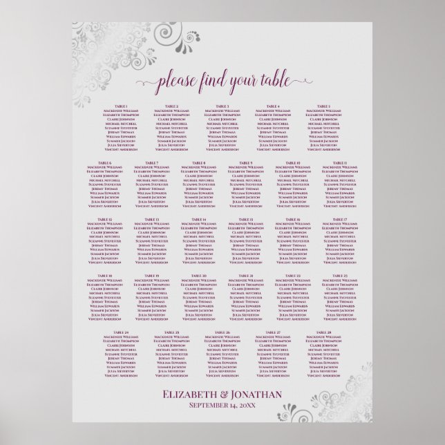 28 Table Wedding Seating Chart Magenta Plum & Gray (Front)