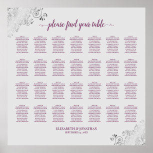 28 Table Wedding Seating Chart Magenta Plum & Gray