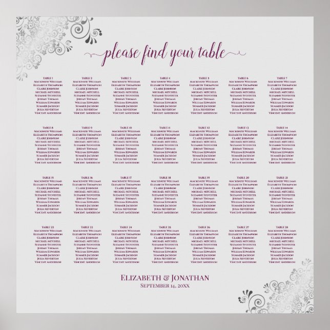 28 Table Wedding Seating Chart Magenta Plum & Gray (Front)