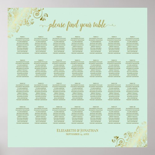 28 Table Wedding Seating Chart Mint Green  Gold