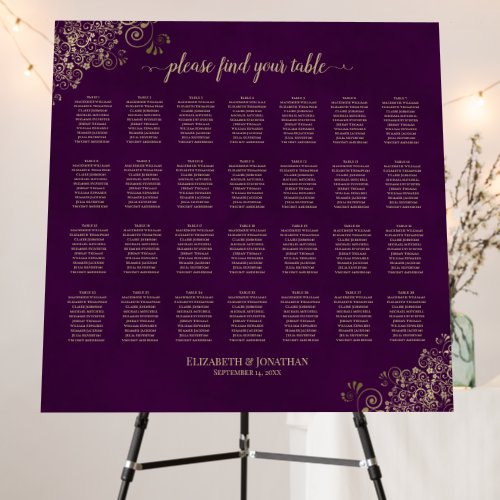 28 Table Wedding Seating Chart Plum Purple  Gold Foam Board