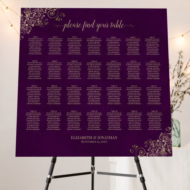 28 Table Wedding Seating Chart Plum Purple & Gold Foam Board (In Situ (Stand))
