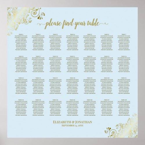 28 Table Wedding Seating Chart Powder Blue  Gold