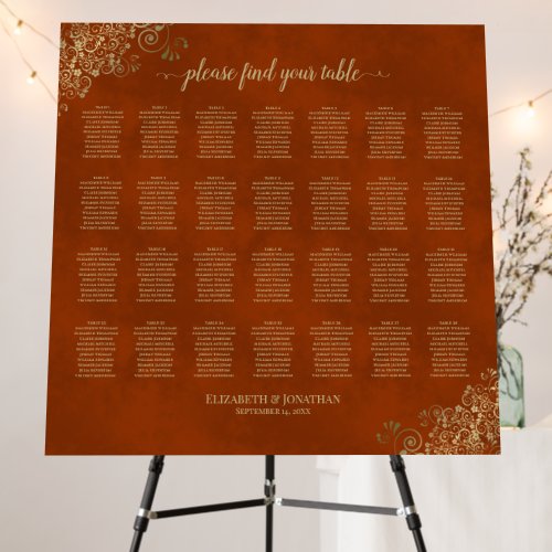 28 Table Wedding Seating Chart Rust Orange  Gold Foam Board