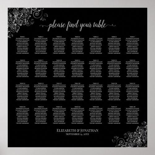 28 Table Wedding Seating Chart Silver Frills Black