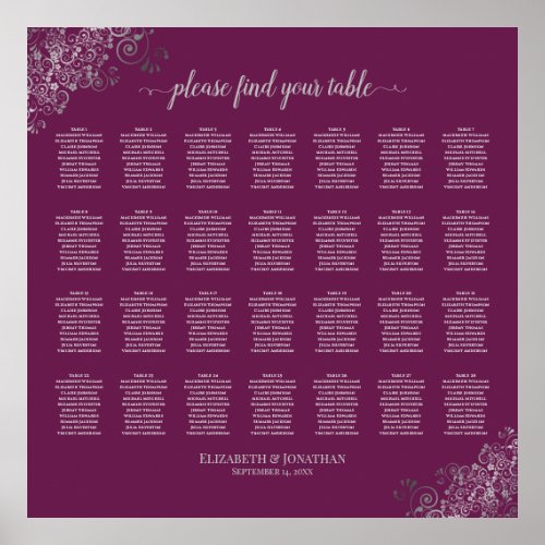28 Table Wedding Seating Chart Silver on Cassis