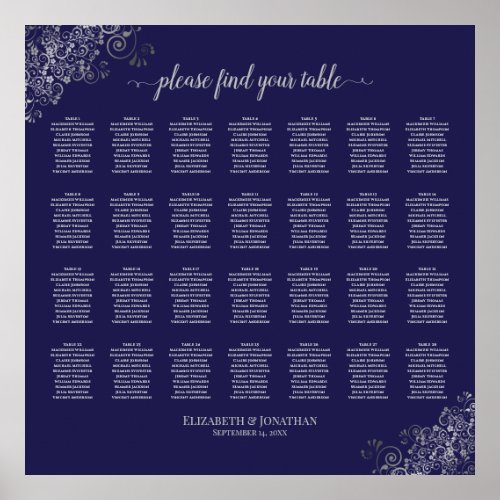 28 Table Wedding Seating Chart Silver on Navy Blue