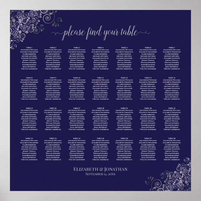 28 Table Wedding Seating Chart Silver on Navy Blue (Front)